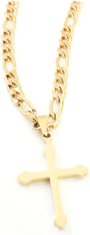 18K Gold Figaro Chain Style Small Cross Pendant Necklace 5MM Cross Necklace Clasp for Men, Women, Fashion Jewelry Religious Gifts Cuban Link Diamond Cut Beveled Edge