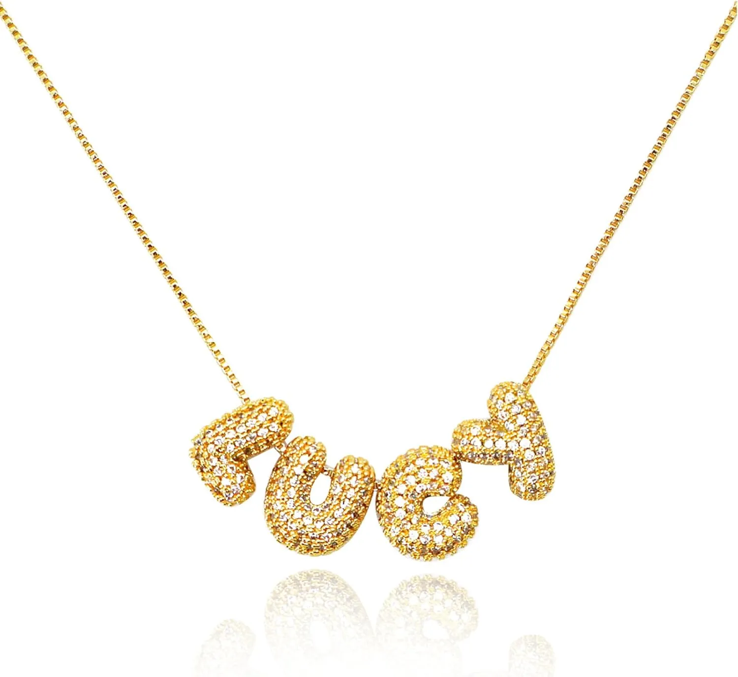 18K Gold Plated Custom Bubble Name Necklace with Cubic Zirconia - Personalized Rhinestone Bubble Letter Name Necklace for Women - Sparkling Name Bubble Necklace Jewelry for Her