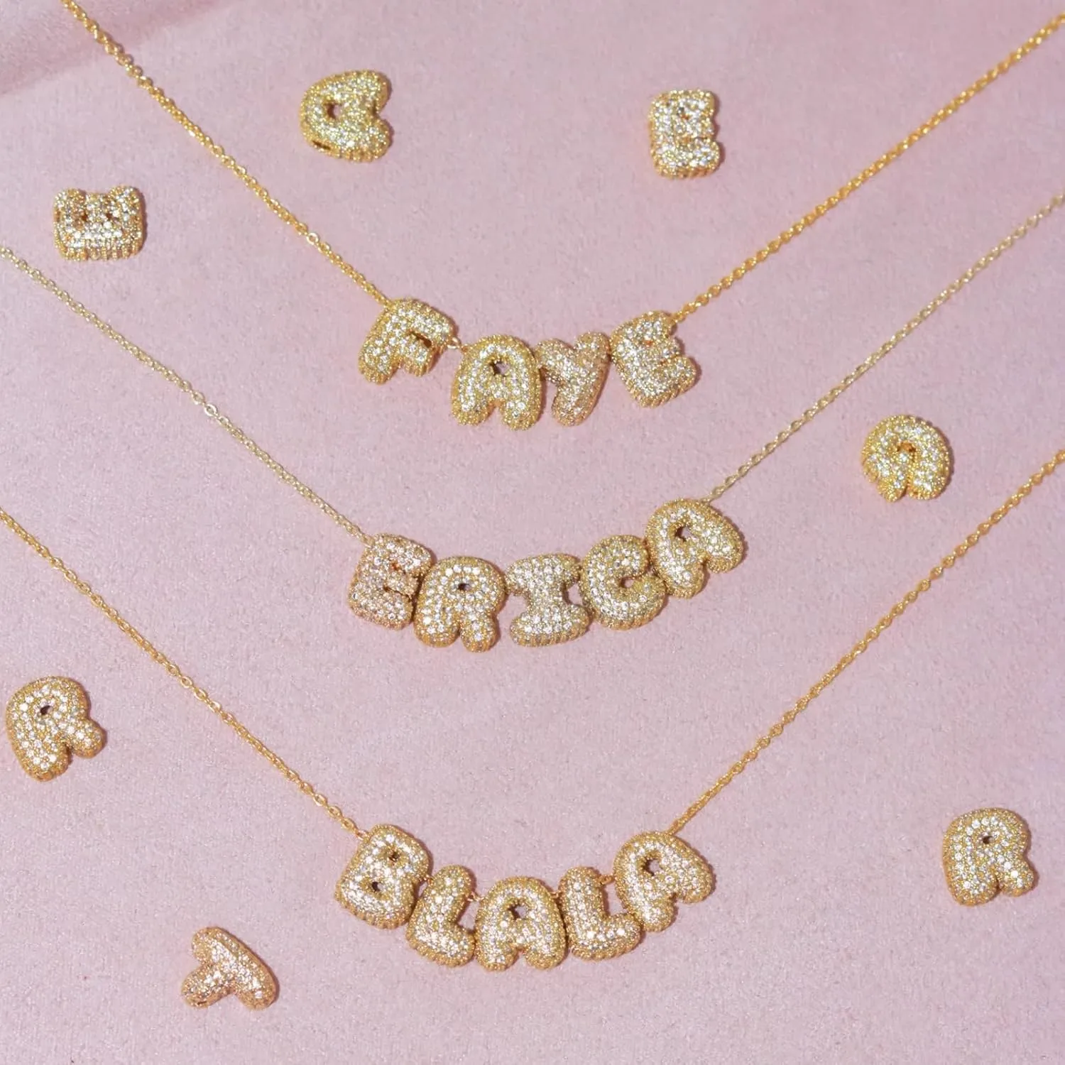 18K Gold Plated Custom Bubble Name Necklace with Cubic Zirconia - Personalized Rhinestone Bubble Letter Name Necklace for Women - Sparkling Name Bubble Necklace Jewelry for Her