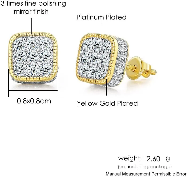 18K Gold Plated Square Earrings 925 Sterling Silver Screw Back Stud for Men Iced Out Cubic Zirconia Hip Hop Rock Full Diamond Earrings Jewelry Gifts Hypoallergenic