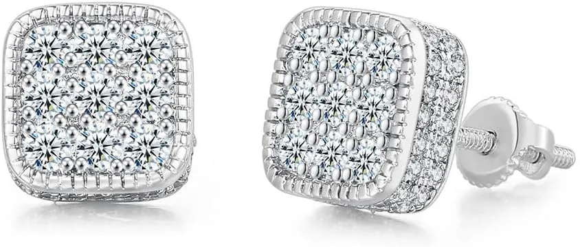 18K Gold Plated Square Earrings 925 Sterling Silver Screw Back Stud for Men Iced Out Cubic Zirconia Hip Hop Rock Full Diamond Earrings Jewelry Gifts Hypoallergenic