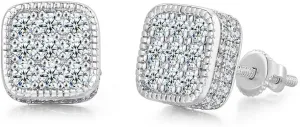 18K Gold Plated Square Earrings 925 Sterling Silver Screw Back Stud for Men Iced Out Cubic Zirconia Hip Hop Rock Full Diamond Earrings Jewelry Gifts Hypoallergenic