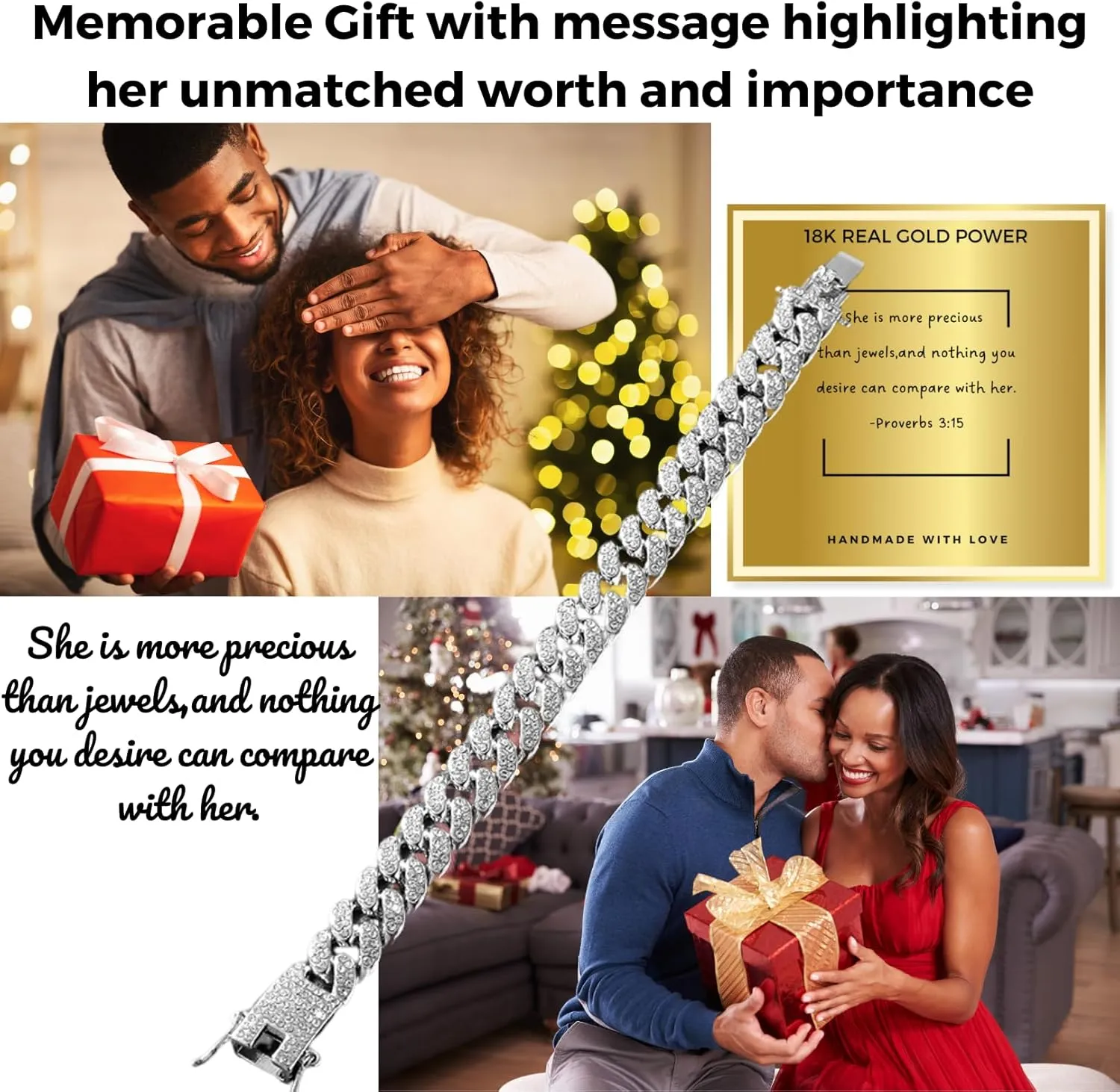 18k Real Gold/Platinum Plated Cuban Tennis Bracelet for Women,Round Diamonds Prong Set,with Golden Message Card,Birthday Thanksgiving Christmas Gift for Her