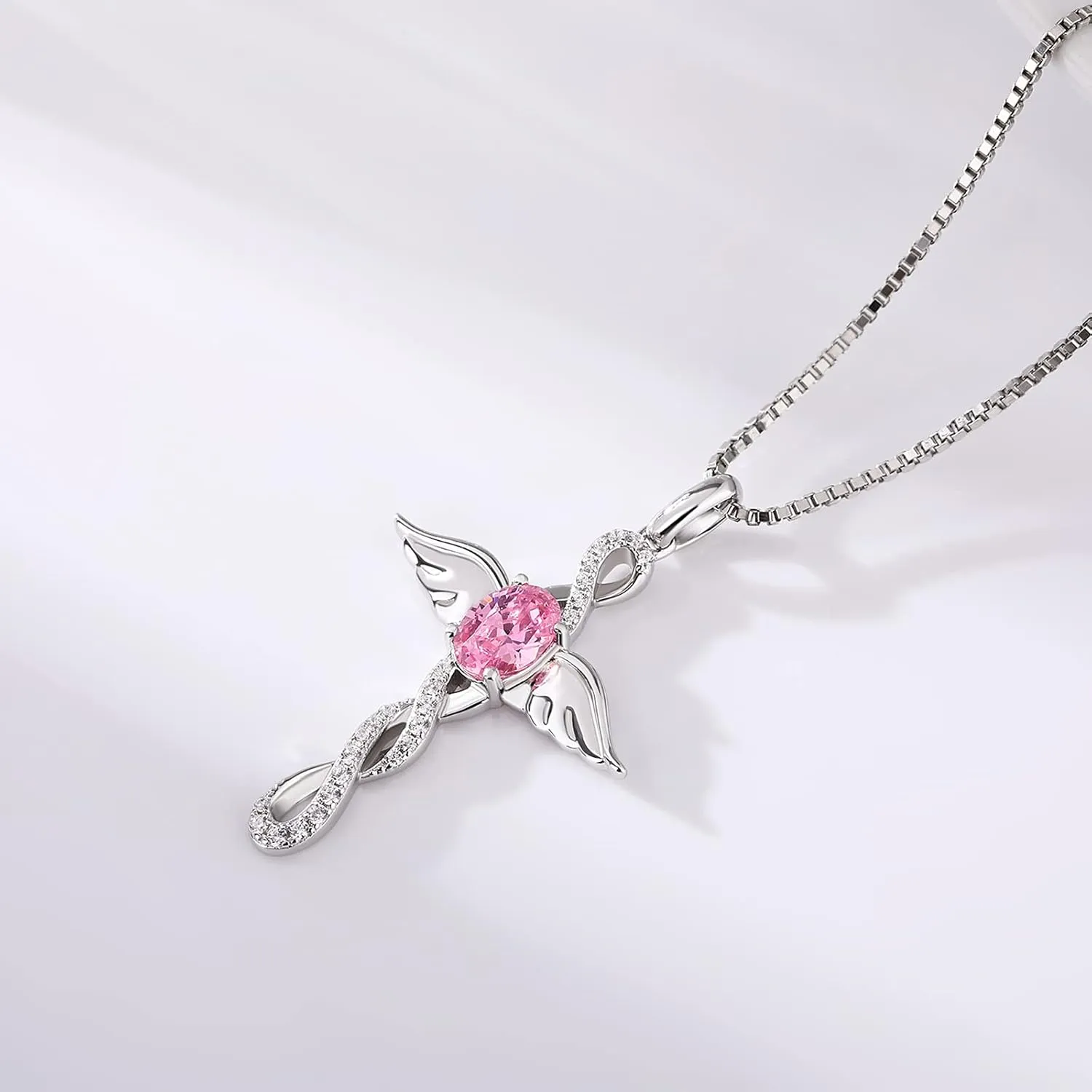 18K White Gold Plated Angel Wing Cross Necklace for Women 925 Sterling Silver Infinity Cross Pendant with Birthstone, Cross Jewelry Gift for Women with Gift Box
