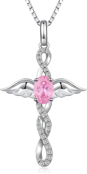 18K White Gold Plated Angel Wing Cross Necklace for Women 925 Sterling Silver Infinity Cross Pendant with Birthstone, Cross Jewelry Gift for Women with Gift Box