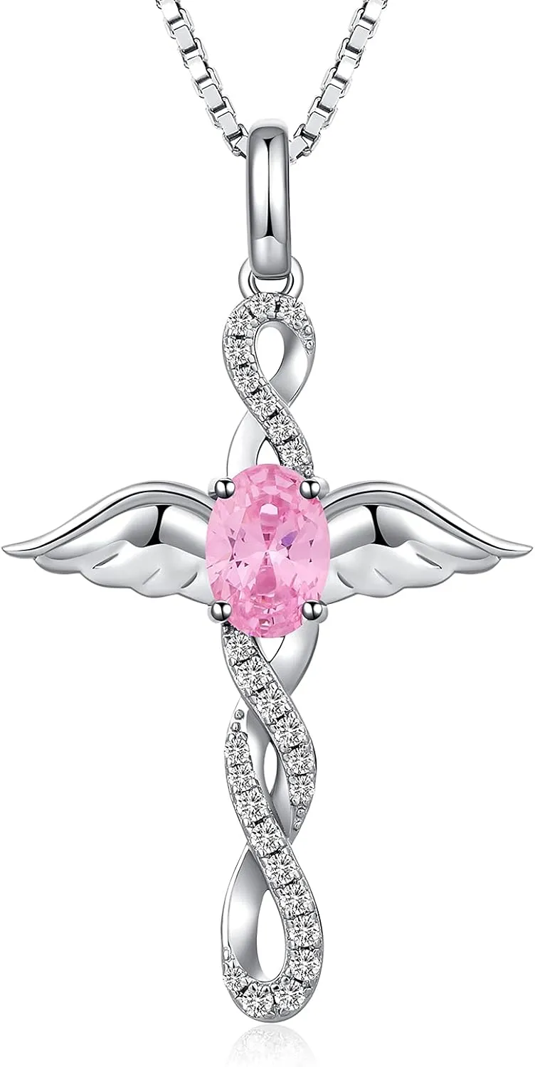 18K White Gold Plated Angel Wing Cross Necklace for Women 925 Sterling Silver Infinity Cross Pendant with Birthstone, Cross Jewelry Gift for Women with Gift Box