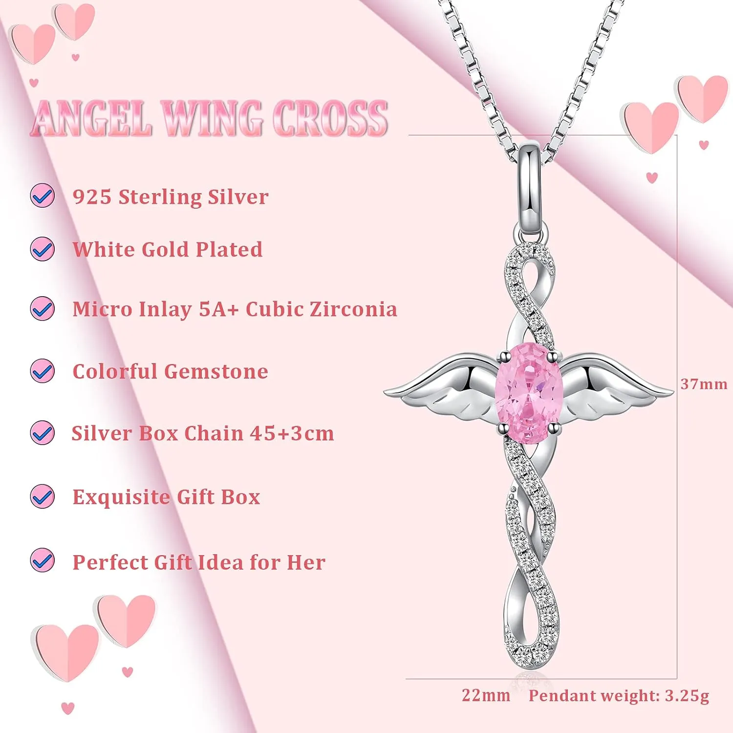 18K White Gold Plated Angel Wing Cross Necklace for Women 925 Sterling Silver Infinity Cross Pendant with Birthstone, Cross Jewelry Gift for Women with Gift Box