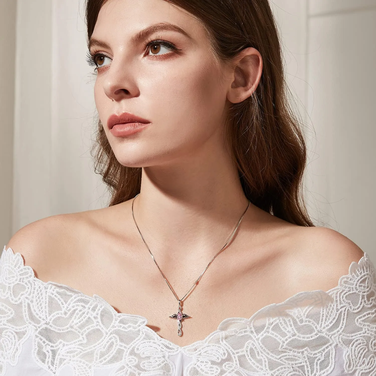 18K White Gold Plated Angel Wing Cross Necklace for Women 925 Sterling Silver Infinity Cross Pendant with Birthstone, Cross Jewelry Gift for Women with Gift Box