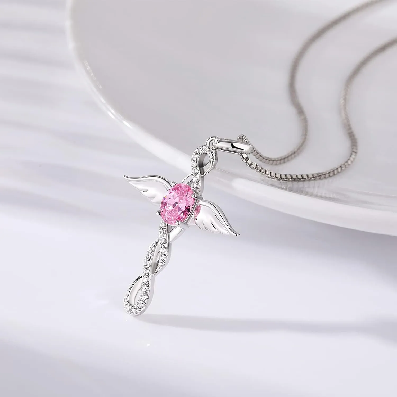 18K White Gold Plated Angel Wing Cross Necklace for Women 925 Sterling Silver Infinity Cross Pendant with Birthstone, Cross Jewelry Gift for Women with Gift Box