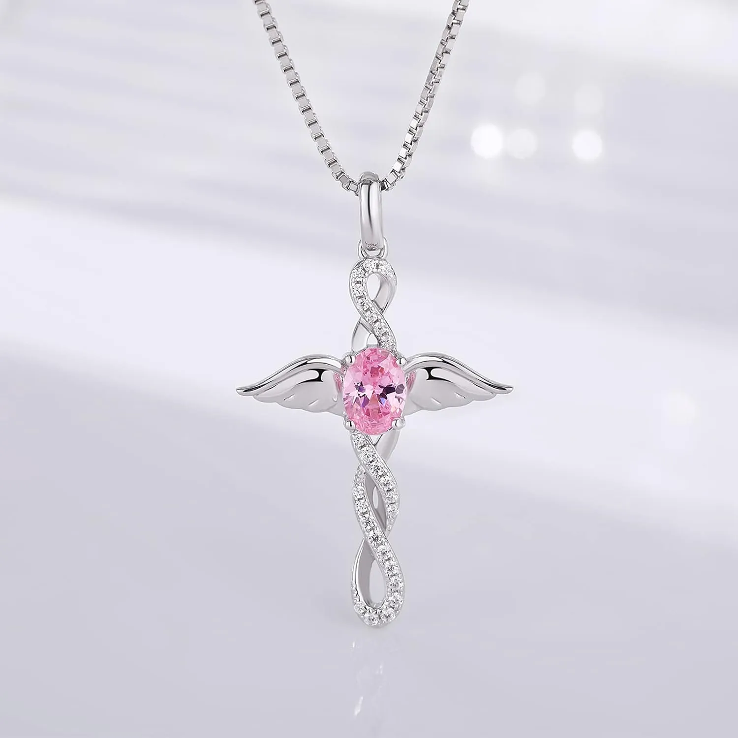 18K White Gold Plated Angel Wing Cross Necklace for Women 925 Sterling Silver Infinity Cross Pendant with Birthstone, Cross Jewelry Gift for Women with Gift Box