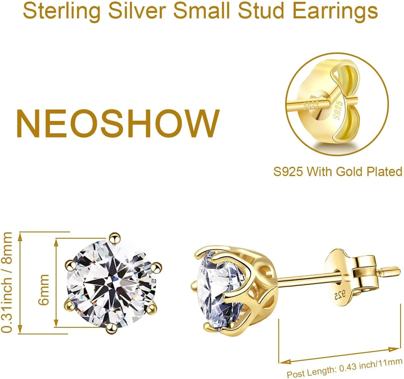 18K White Gold Plated Brilliant Cut Simulated Diamond Cubic Zirconia Stud Earrings Sterling Silver Hypoallergenic CZ Stud Earrings for Women Men 6 Prongs Setting