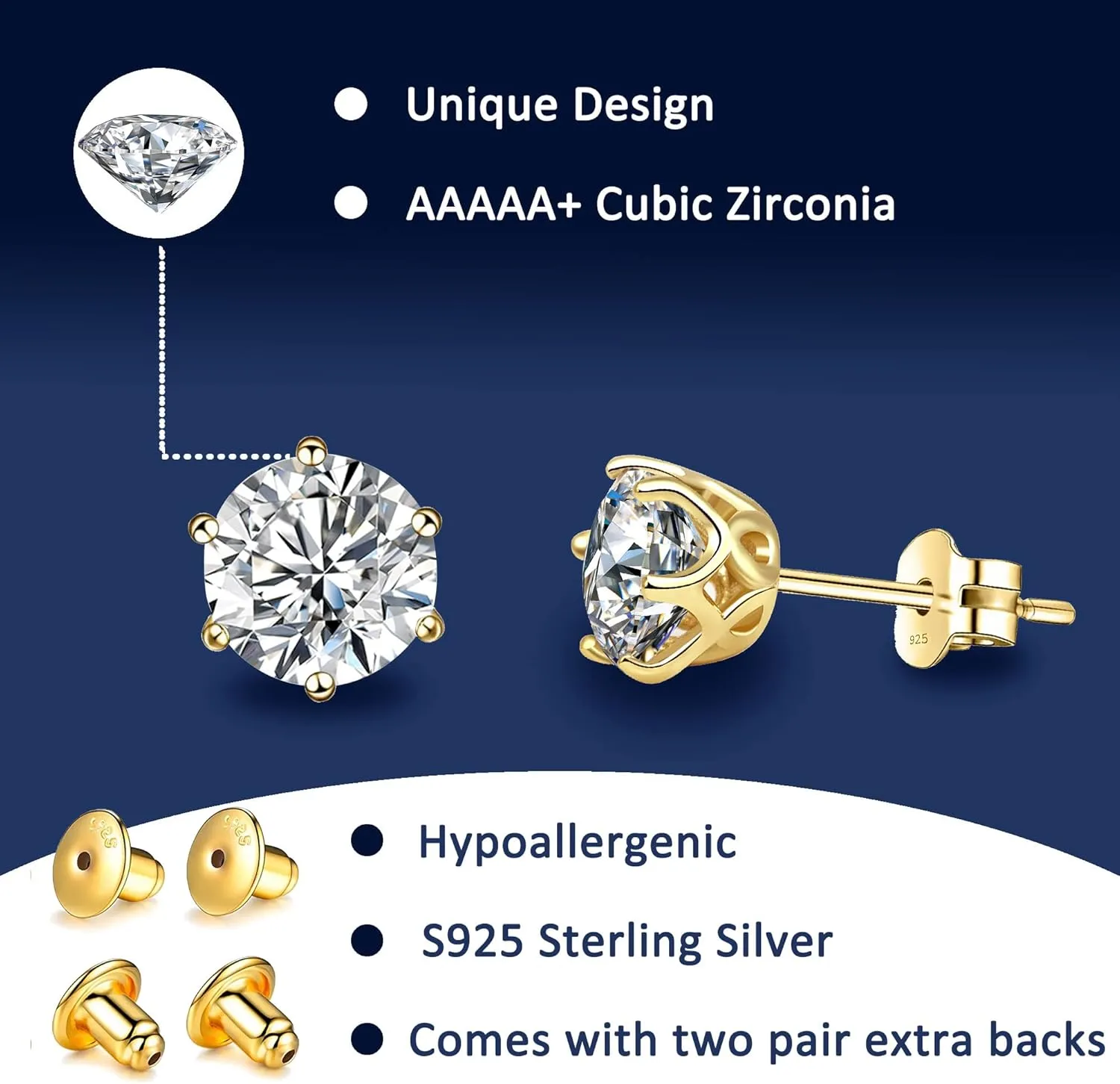 18K White Gold Plated Brilliant Cut Simulated Diamond Cubic Zirconia Stud Earrings Sterling Silver Hypoallergenic CZ Stud Earrings for Women Men 6 Prongs Setting