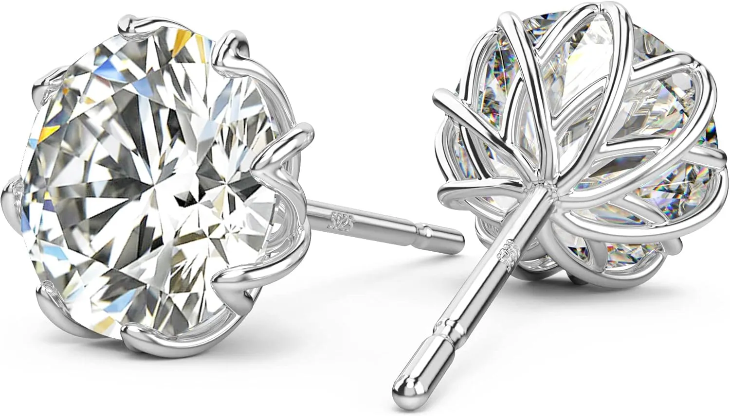 18K White Gold Plated Round Cut Simulated Diamond Stud Earrings for Women Men, 925 Sterling Silver 8 Prong Pure Round Cubic Zirconia Earrings Hypoallergenic Flower Earring Studs 0.5CT - 1CT