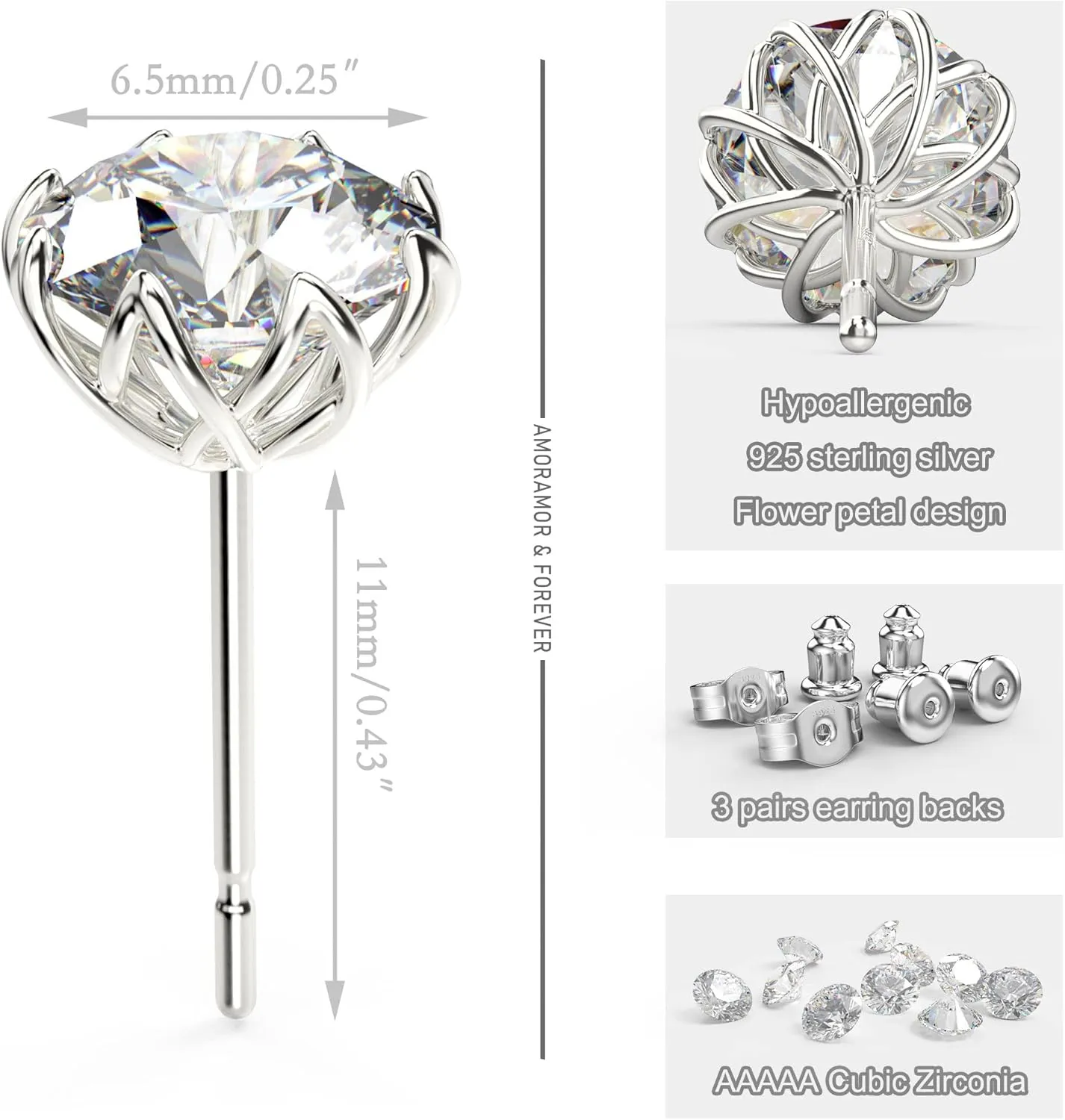 18K White Gold Plated Round Cut Simulated Diamond Stud Earrings for Women Men, 925 Sterling Silver 8 Prong Pure Round Cubic Zirconia Earrings Hypoallergenic Flower Earring Studs 0.5CT - 1CT