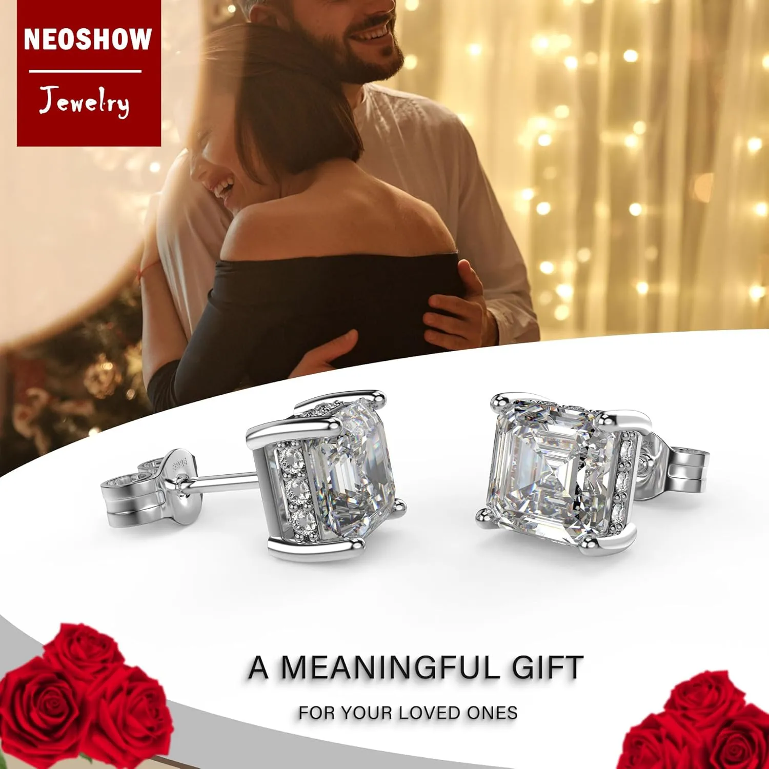 18K White Gold Plated Sterling Silver Asscher Cut Cubic Zirconia Stud Earrings for Women Men | Square CZ Stud Earrings Simulated Diamond Earrings Studs