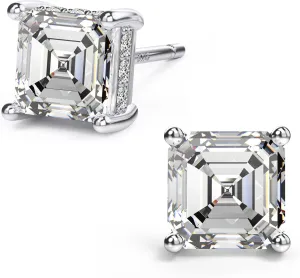 18K White Gold Plated Sterling Silver Asscher Cut Cubic Zirconia Stud Earrings for Women Men | Square CZ Stud Earrings Simulated Diamond Earrings Studs