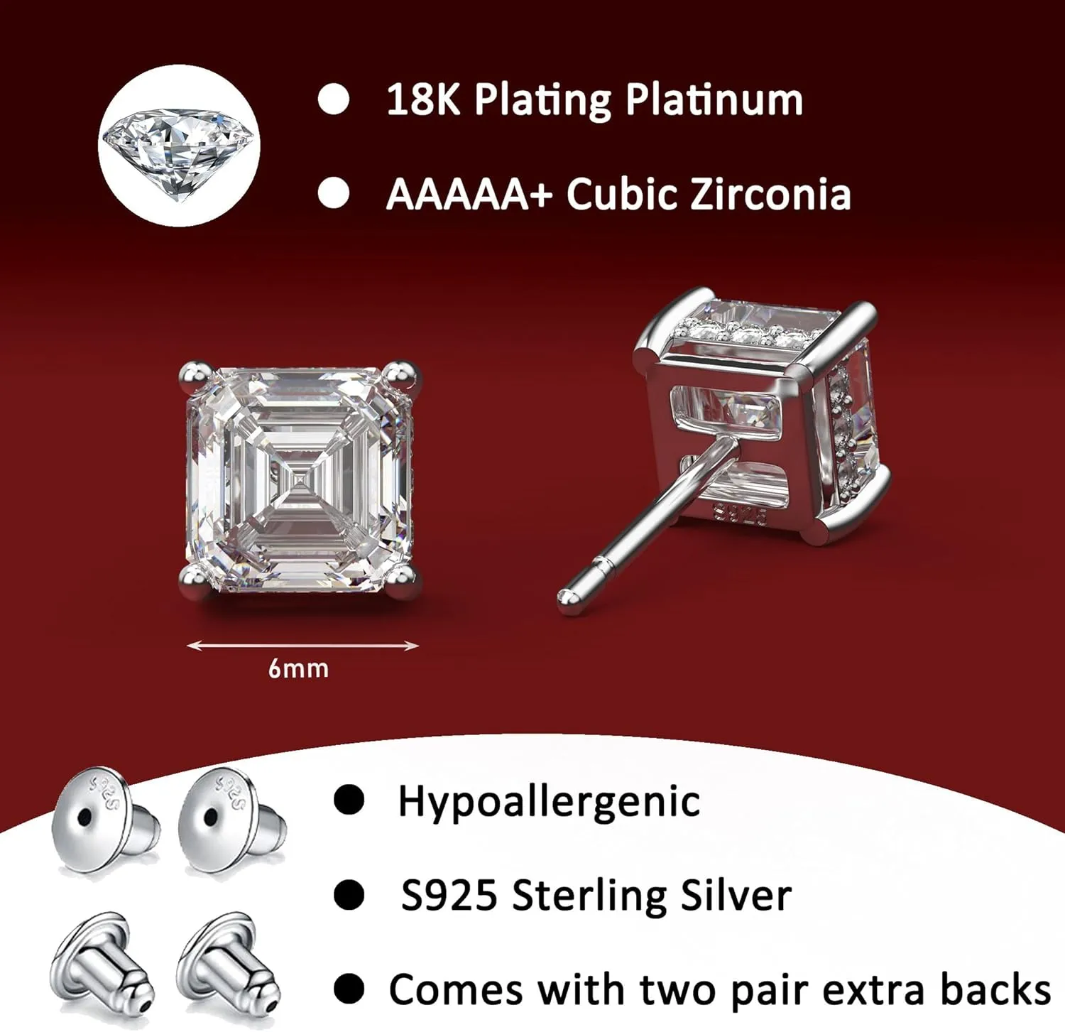 18K White Gold Plated Sterling Silver Asscher Cut Cubic Zirconia Stud Earrings for Women Men | Square CZ Stud Earrings Simulated Diamond Earrings Studs