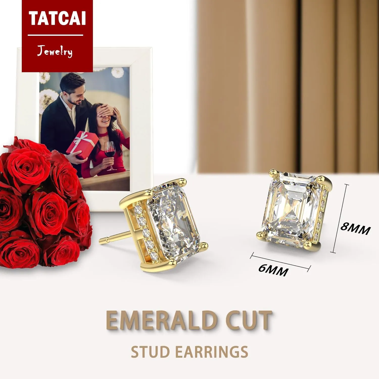 18K White Gold Plated Sterling Silver Emerald Cut Cubic Zirconia Stud Earrings Clear CZ Diamond Stud Earrings for Women Men Hypoallergenic
