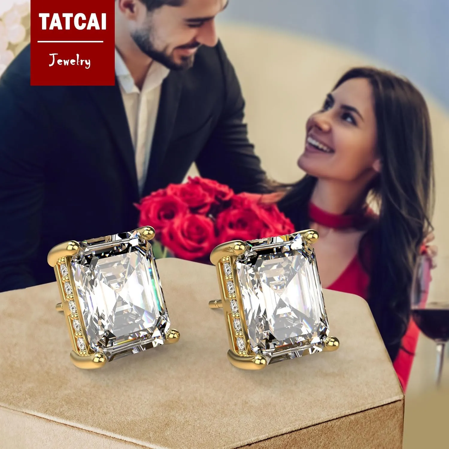 18K White Gold Plated Sterling Silver Emerald Cut Cubic Zirconia Stud Earrings Clear CZ Diamond Stud Earrings for Women Men Hypoallergenic