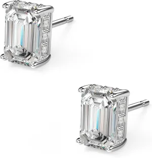 18K White Gold Plated Sterling Silver Emerald Cut Cubic Zirconia Stud Earrings for Women Men Rectangle CZ Diamond Stud Earrings