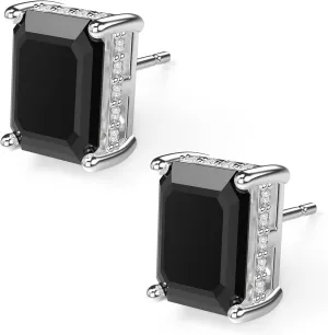 18K White Gold Plated Sterling Silver Emerald Cut Cubic Zirconia Stud Earrings for Women Men Rectangle CZ Diamond Stud Earrings