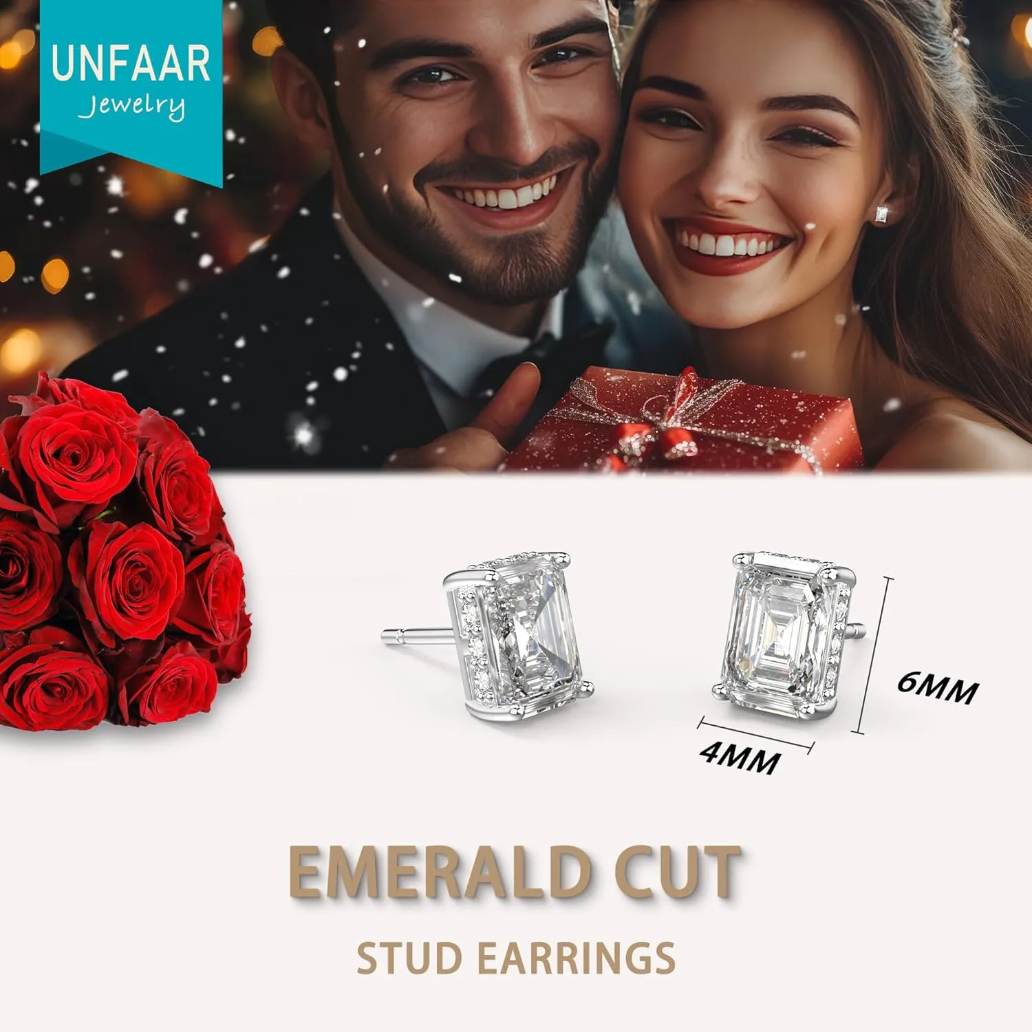 18K White Gold Plated Sterling Silver Emerald Cut Cubic Zirconia Stud Earrings for Women Men Rectangle CZ Diamond Stud Earrings