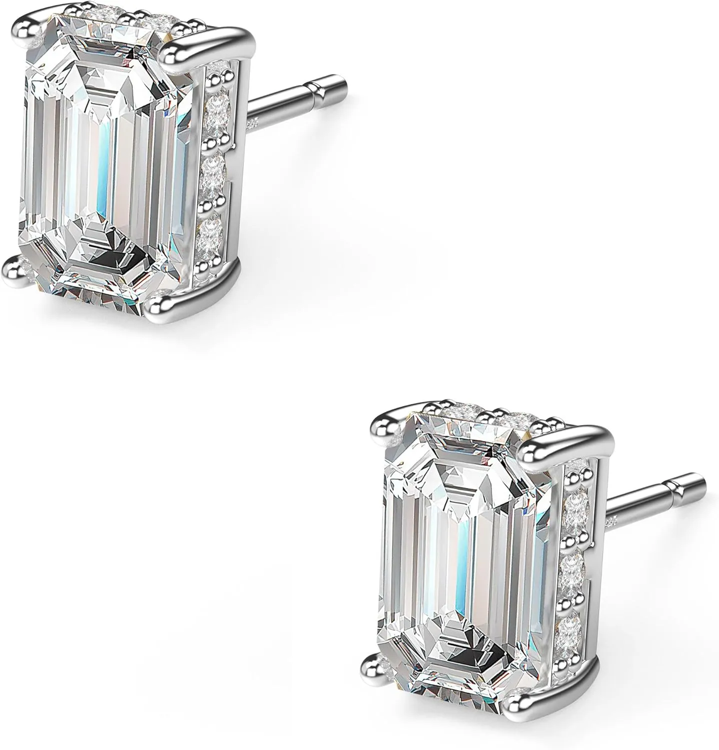 18K White Gold Plated Sterling Silver Emerald Cut Cubic Zirconia Stud Earrings for Women Men Rectangle CZ Diamond Stud Earrings