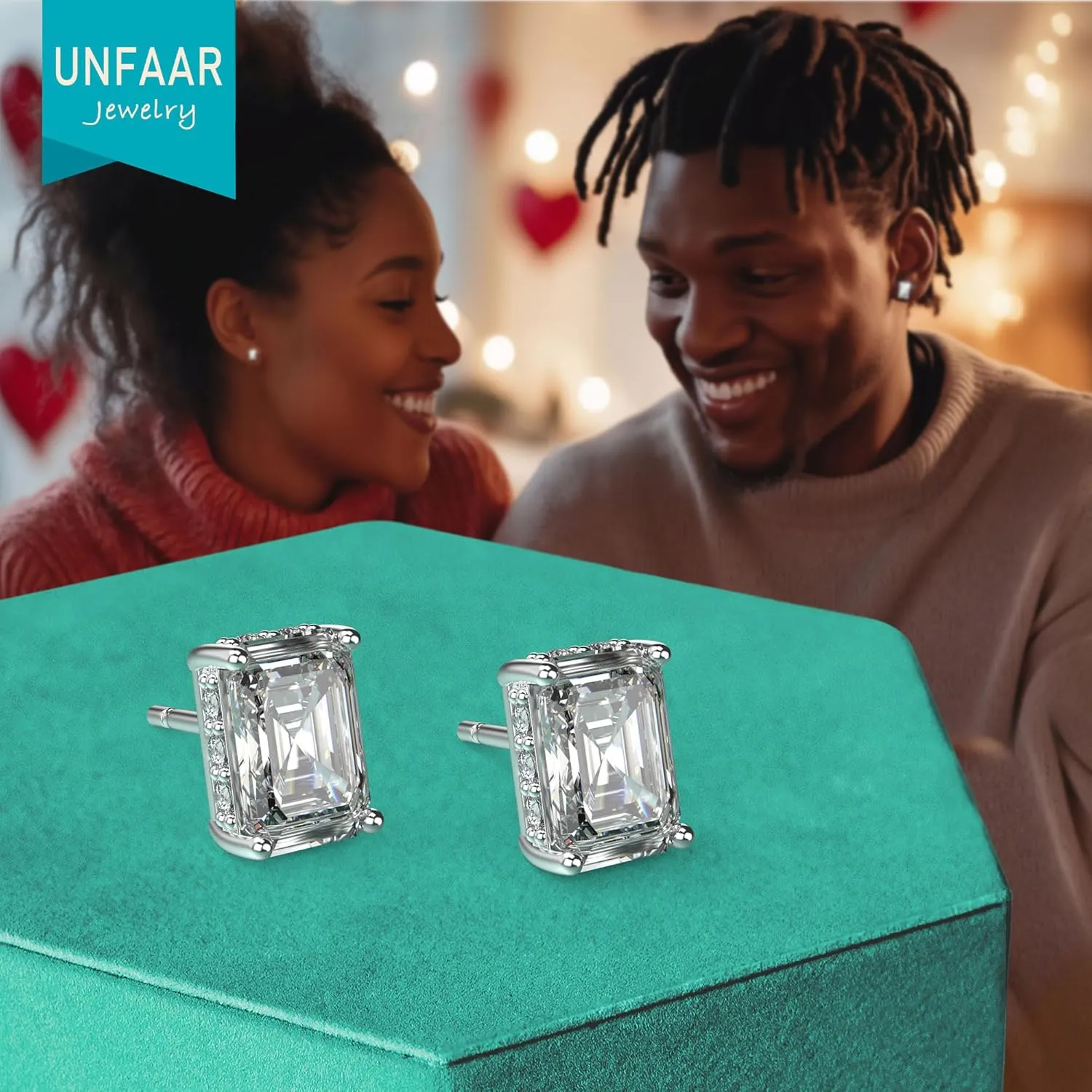 18K White Gold Plated Sterling Silver Emerald Cut Cubic Zirconia Stud Earrings for Women Men Rectangle CZ Diamond Stud Earrings