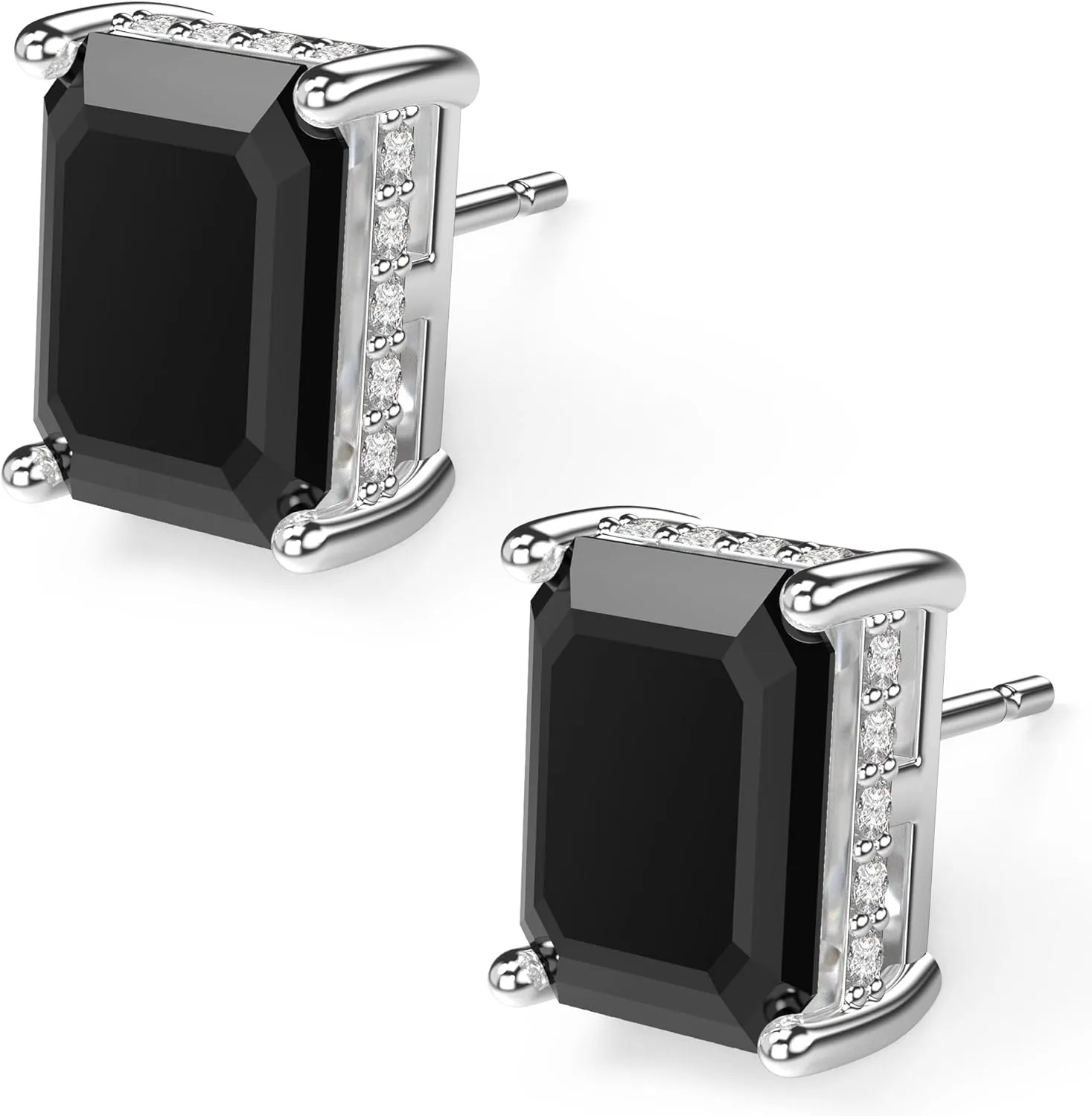 18K White Gold Plated Sterling Silver Emerald Cut Cubic Zirconia Stud Earrings for Women Men Rectangle CZ Diamond Stud Earrings