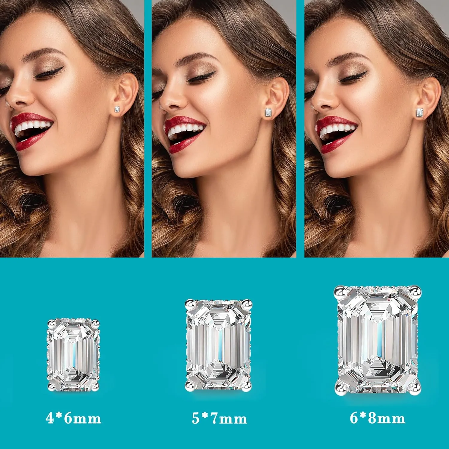 18K White Gold Plated Sterling Silver Emerald Cut Cubic Zirconia Stud Earrings for Women Men Rectangle CZ Diamond Stud Earrings