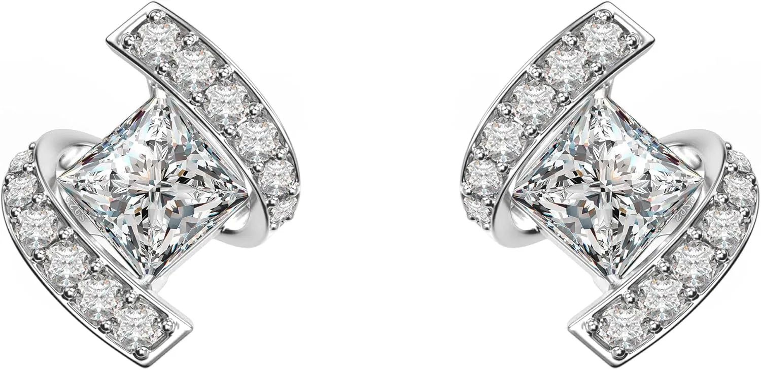 18K White Gold Plated Sterling Silver Square Princess Cut Cubic Zirconia Stud Earrings for Women Square Diamond CZ Stud Earrings for Women Hypoallergenic