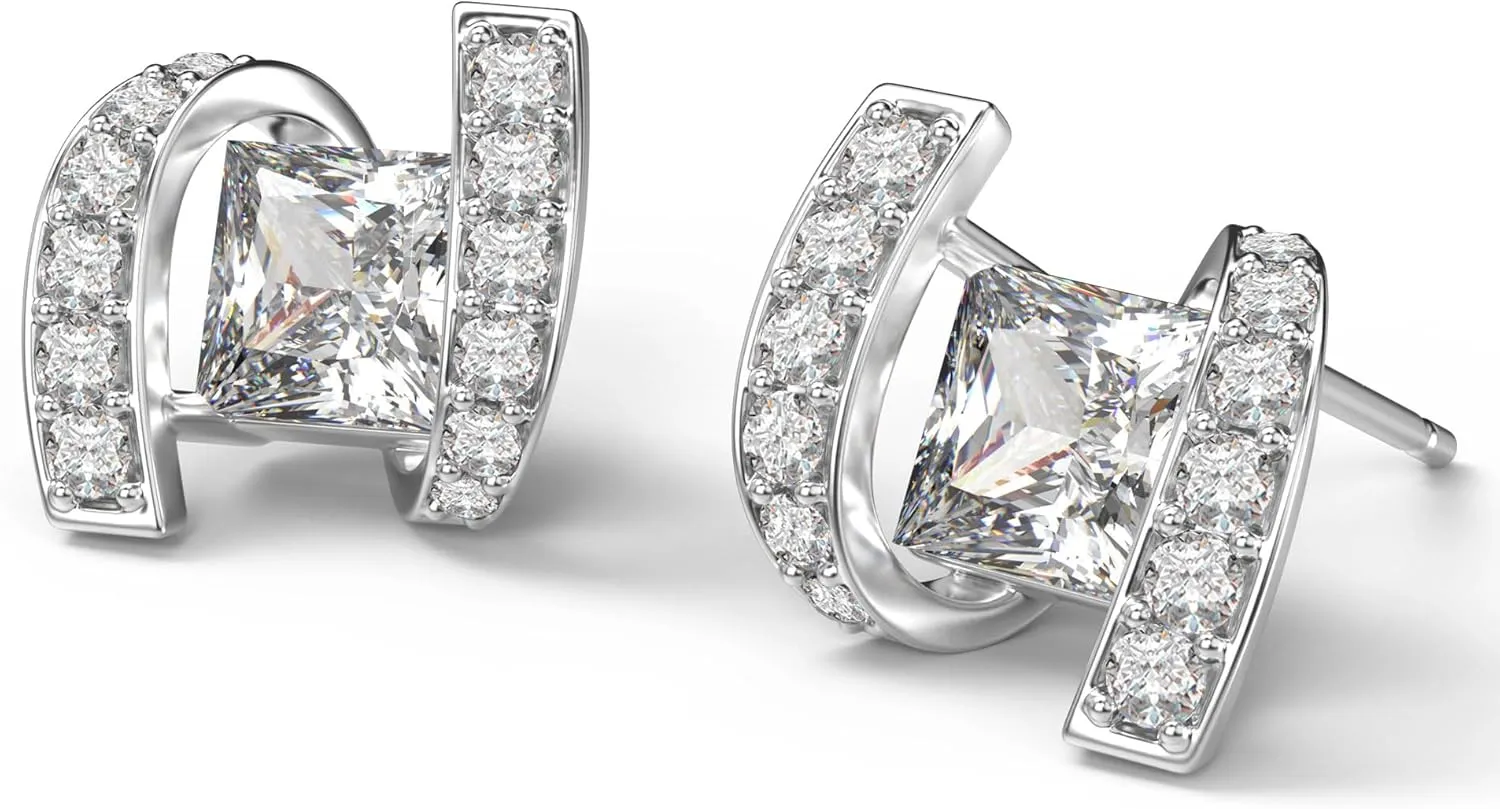 18K White Gold Plated Sterling Silver Square Princess Cut Cubic Zirconia Stud Earrings for Women Square Diamond CZ Stud Earrings for Women Hypoallergenic