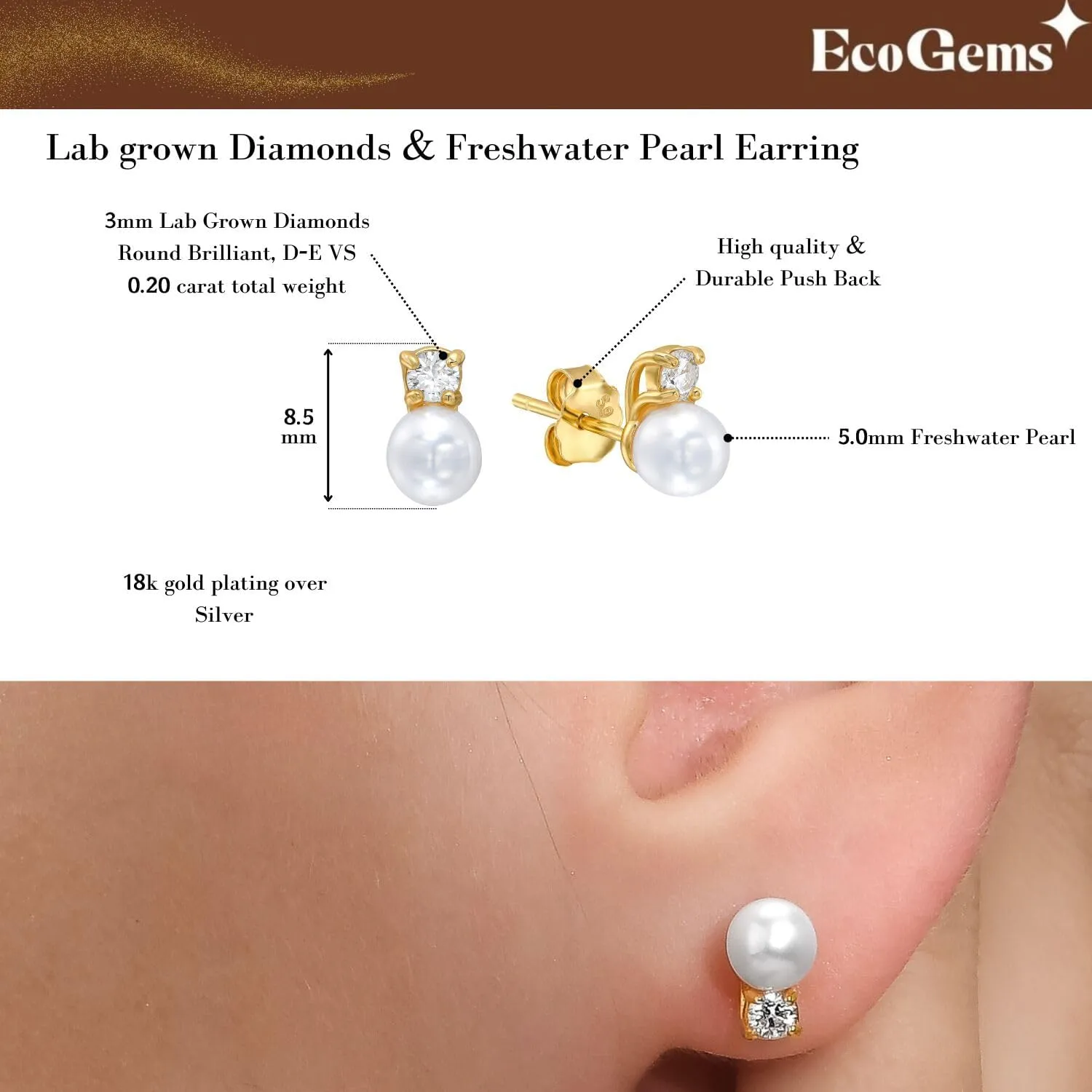 18K White/Yellow Gold Plated Silver Stud Earring With 0.20 Carat Diamond and Freshwater Cultured Pearl, Round Brilliant Shape, Earring For Women, Gift For Her Jewelry For Women