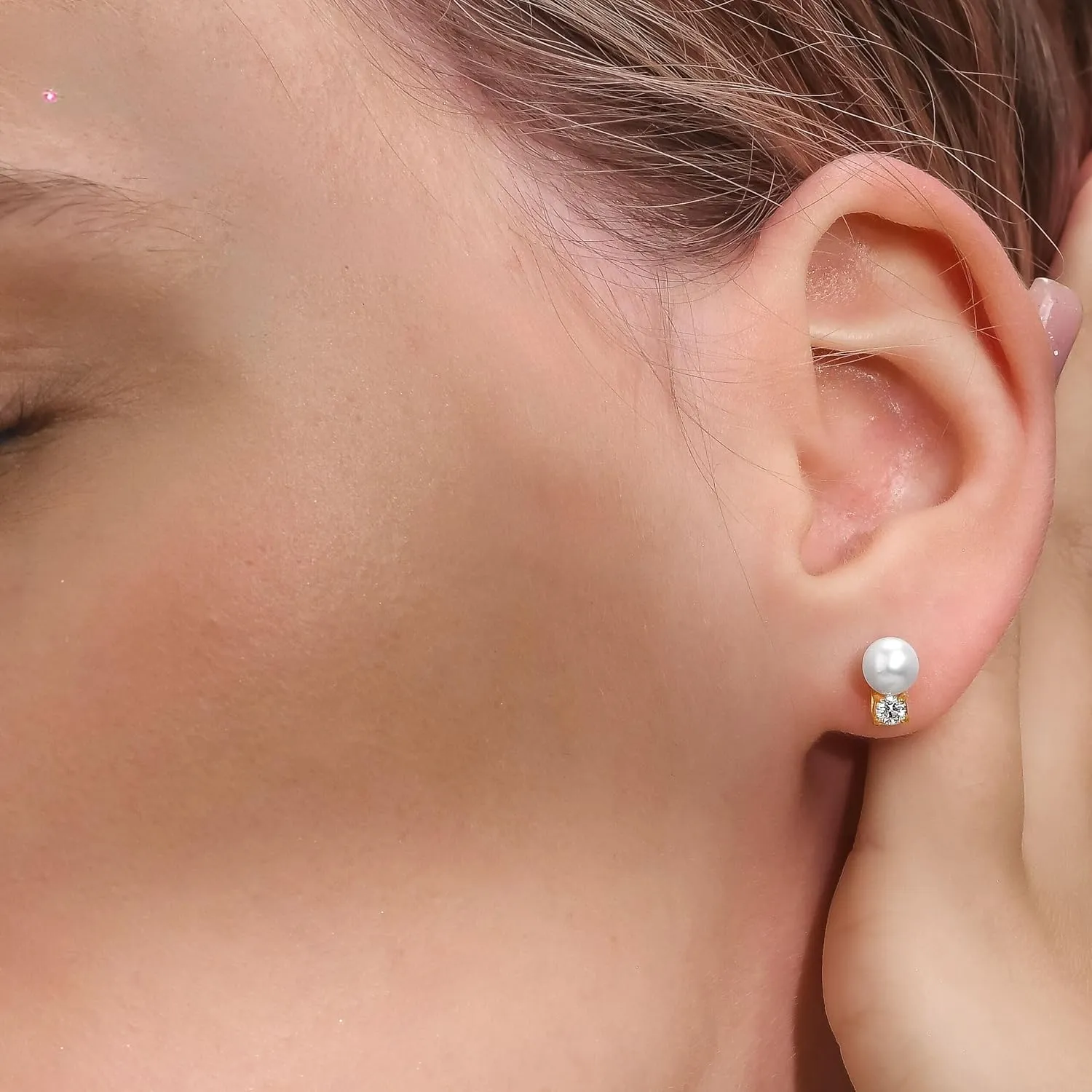 18K White/Yellow Gold Plated Silver Stud Earring With 0.20 Carat Diamond and Freshwater Cultured Pearl, Round Brilliant Shape, Earring For Women, Gift For Her Jewelry For Women