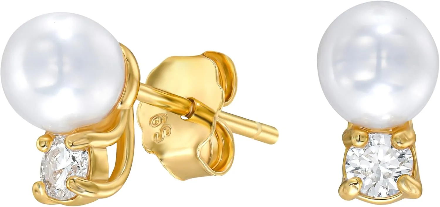 18K White/Yellow Gold Plated Silver Stud Earring With 0.20 Carat Diamond and Freshwater Cultured Pearl, Round Brilliant Shape, Earring For Women, Gift For Her Jewelry For Women