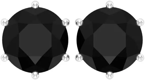2 Carat Round Shape Simulated Black Diamond 6 Prong Set Wedding Engagement Stud Earrings with Screw Back In 14K White Gold Plated 925 Sterling Silver Gift for Womens (7 MM)