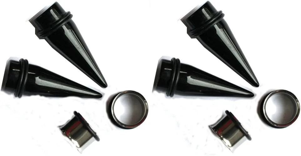 2 PAIRS Black Tapers and 316L Steel Tunnels Ear Stretching Kit gauges plugs 0g - 1 inch Choose Sizes