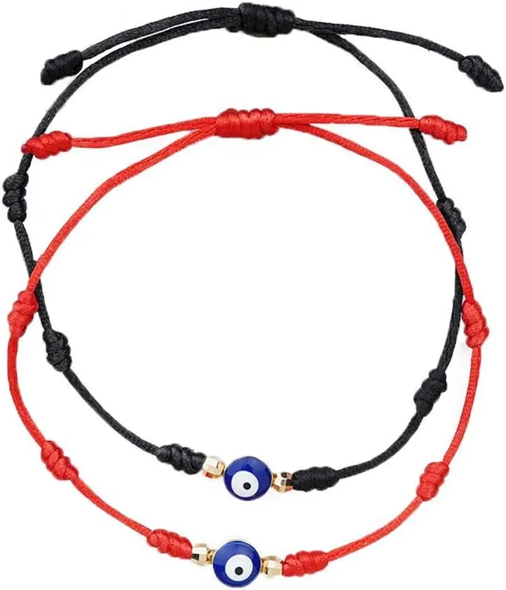 2 Pcs Evil Eye 7 Knot Lucky Bracelets Adjustable String Matching Friendship Gift for Women Men