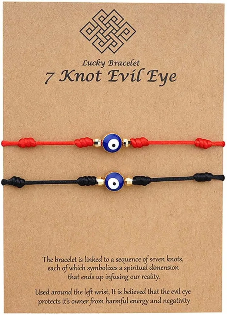 2 Pcs Evil Eye 7 Knot Lucky Bracelets Adjustable String Matching Friendship Gift for Women Men