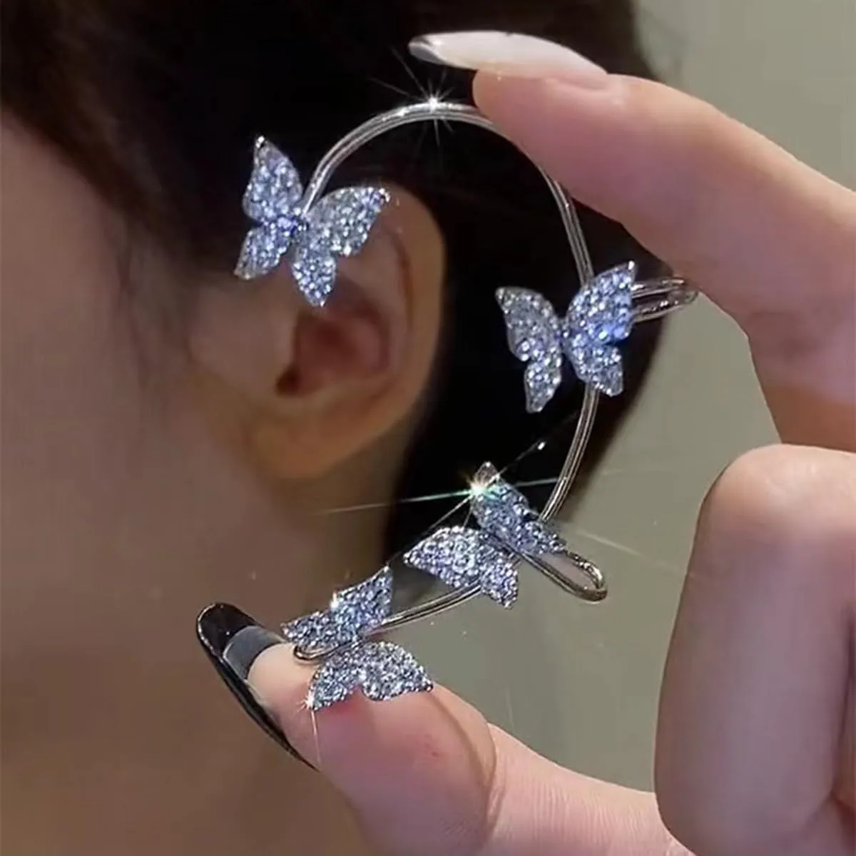 2 Pcs Gold Silver Butterfly Ear Cuffs for Women Wrap Crawler Earrings No Piercing Glitter Rhinestone Wrap Around Clips Rhinestone Butterfly Ear Cuff