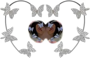 2 Pcs Gold Silver Butterfly Ear Cuffs for Women Wrap Crawler Earrings No Piercing Glitter Rhinestone Wrap Around Clips Rhinestone Butterfly Ear Cuff
