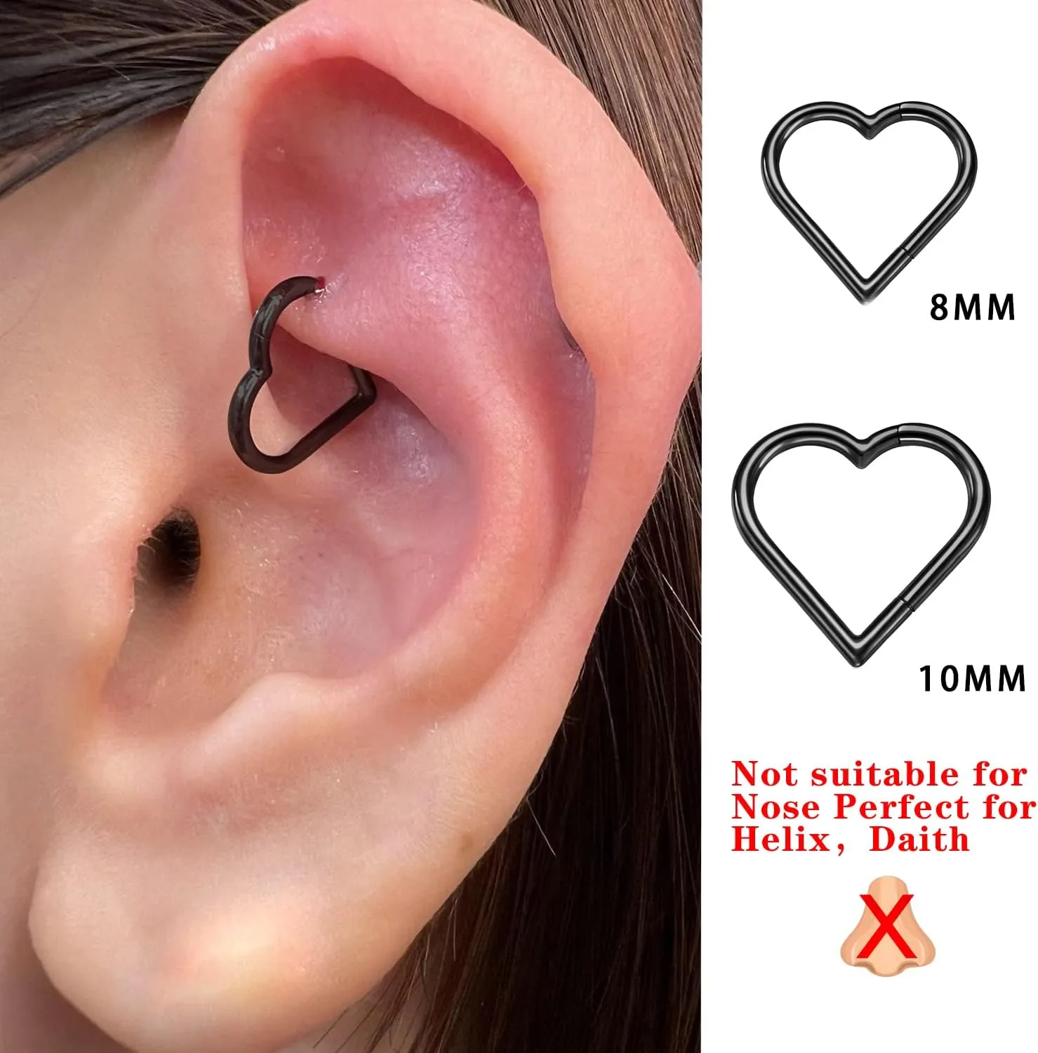 2 Pcs Heart Daith Piercing Jewelry, Hypoallergenic Clicker Hoop, 16G Rook Cartilage Helix Earrings
