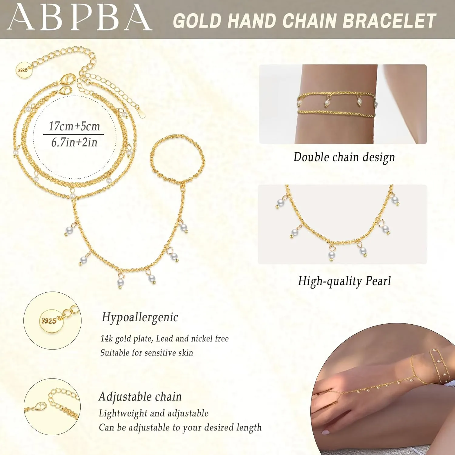 2 Pcs Layered Hand Chain & Pearl Ring Bracelet - 14K Gold Plated, Trendy Summer Style