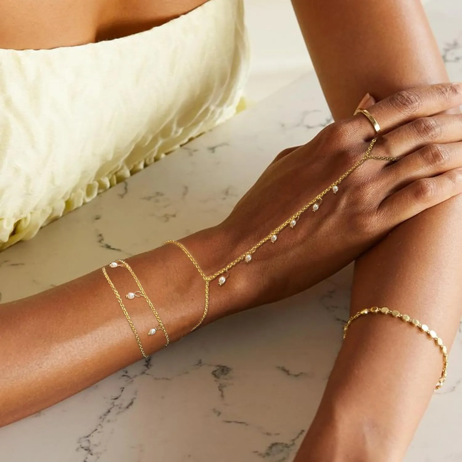 2 Pcs Layered Hand Chain & Pearl Ring Bracelet - 14K Gold Plated, Trendy Summer Style