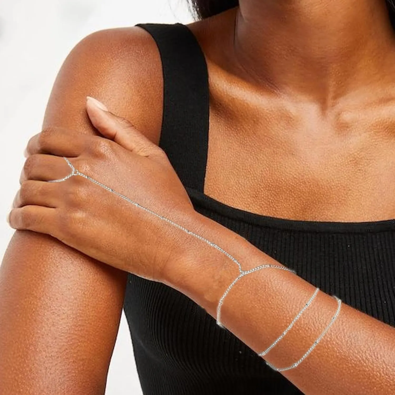 2 Pcs Layered Hand Chain & Pearl Ring Bracelet - 14K Gold Plated, Trendy Summer Style