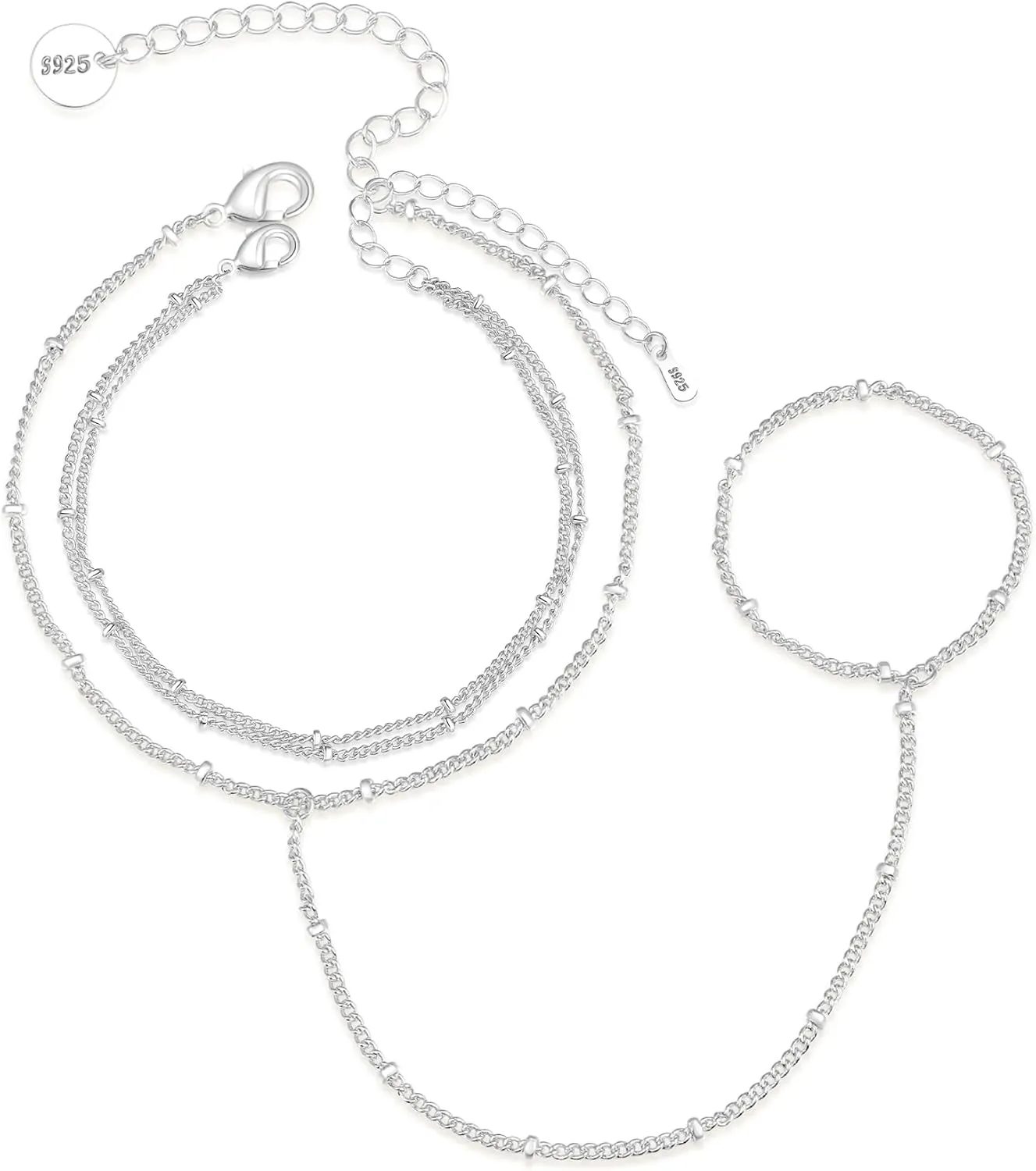 2 Pcs Layered Hand Chain & Pearl Ring Bracelet - 14K Gold Plated, Trendy Summer Style