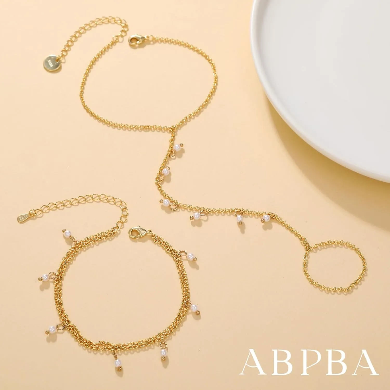 2 Pcs Layered Hand Chain & Pearl Ring Bracelet - 14K Gold Plated, Trendy Summer Style