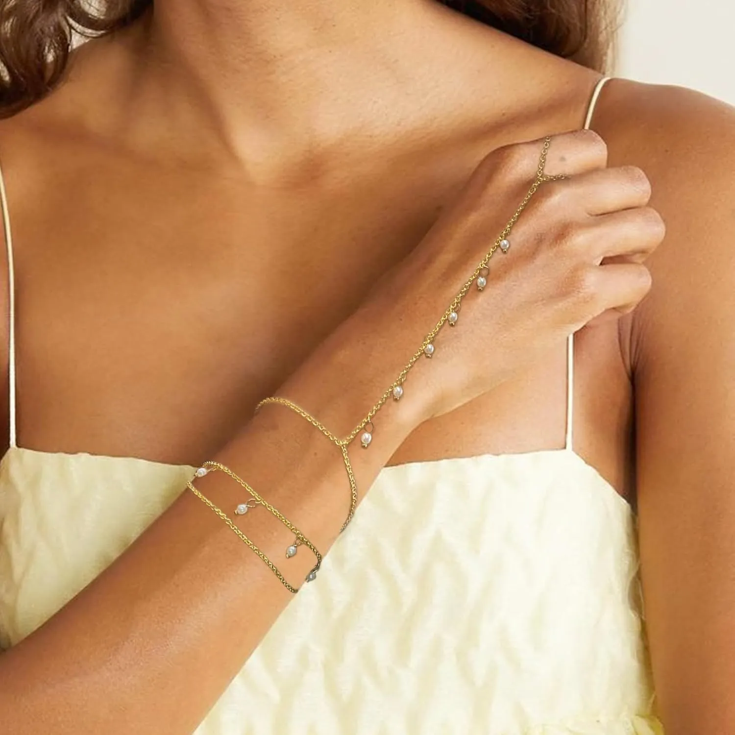 2 Pcs Layered Hand Chain & Pearl Ring Bracelet - 14K Gold Plated, Trendy Summer Style