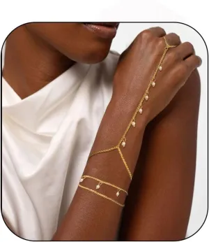2 Pcs Layered Hand Chain & Pearl Ring Bracelet - 14K Gold Plated, Trendy Summer Style