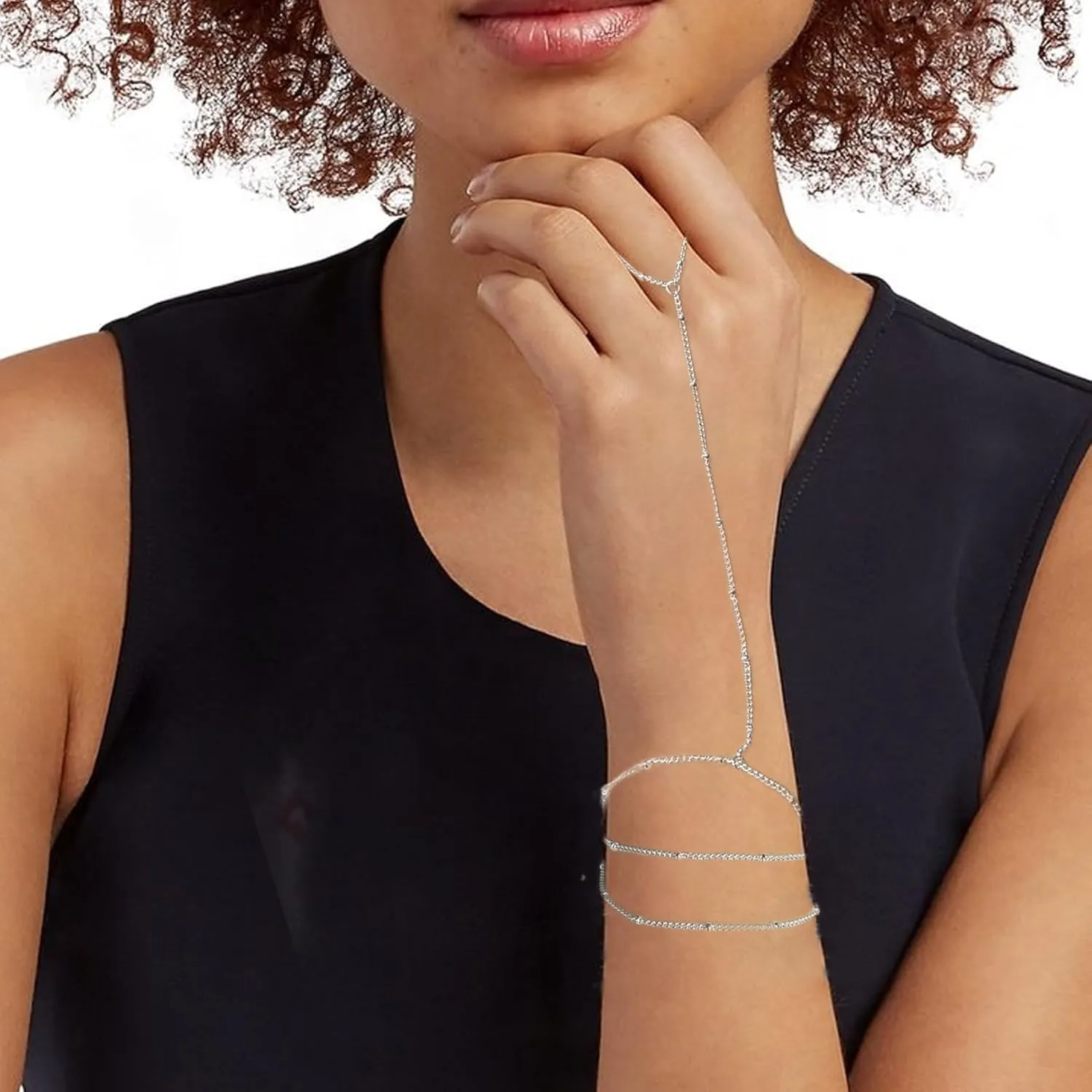 2 Pcs Layered Hand Chain & Pearl Ring Bracelet - 14K Gold Plated, Trendy Summer Style